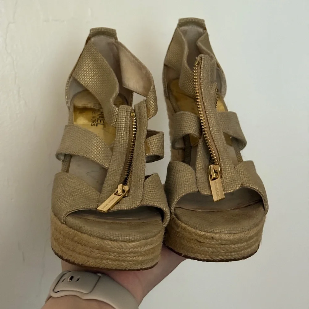 Michael Kors S7 Tan and Gold Berkley Zipper Espadrille Platform Wedge Sandal
